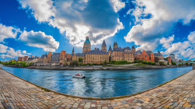 O horizonte da cidade de Quebec sobre o rio com céu azul e nuvens