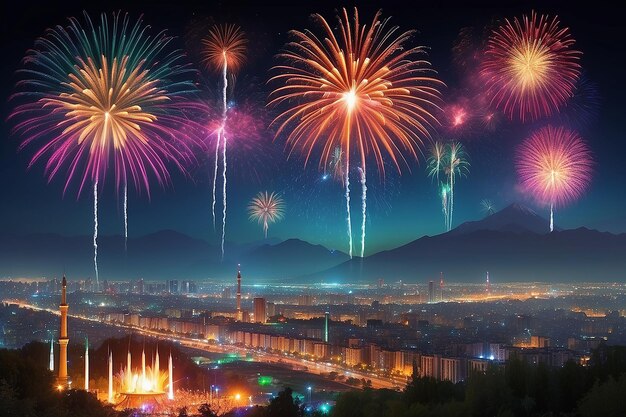 Foto o horizonte da cidade de teerã no festival iraniano de fogo persa com vários fogos de artifício coloridos no quadro