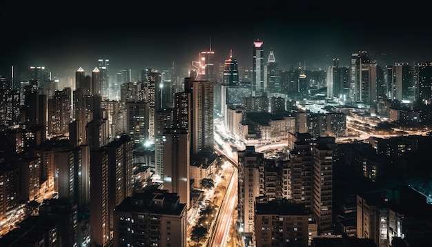 O horizonte da cidade moderna brilha de azul no céu noturno escuro gerado pela IA