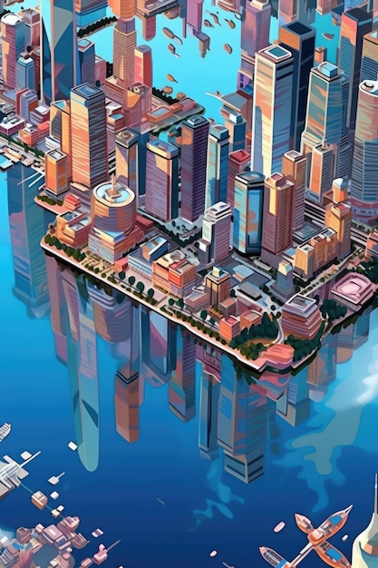O horizonte da cidade reflete sobre o porto calmo Generative AI