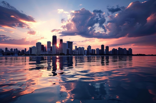 O horizonte da grande cidade refletido na água durante o pôr-do-sol gerado pela IA