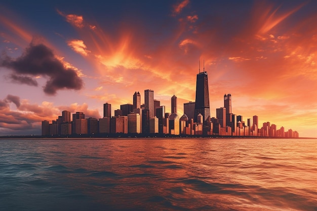 Foto o horizonte de chicago durante um pôr-do-sol de verão com tons quentes e uma atmosfera serena