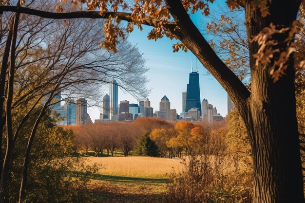 Foto o horizonte de chicago emoldurado por árvores em um parque próximo