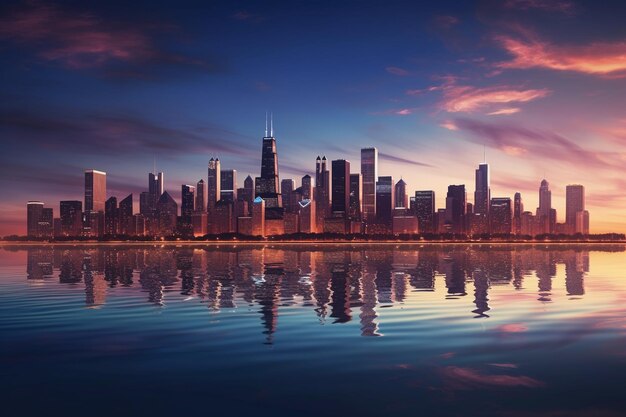 O horizonte de Chicago no crepúsculo com as luzes da cidade gradualmente acendendo