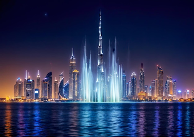 Foto o horizonte de dubai à noite nos emirados árabes unidos