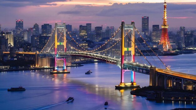 O horizonte de Tóquio com a Ponte do Arco-íris e a Torre de Tóqio, Tóquio, Japão