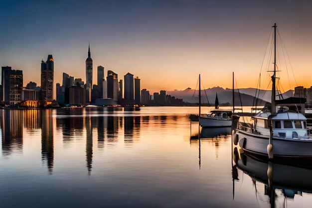 O horizonte de uma cidade com um barco e uma cidade ao fundo.