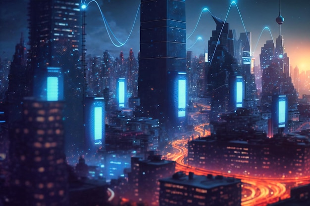 O horizonte de uma cidade moderna brilha com sinais de rede sem fio em tons de azul, ilustrando conectividade perfeita e infraestrutura avançada