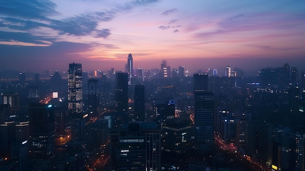 O horizonte de Xangai ao anoitecer em roxo e âmbar