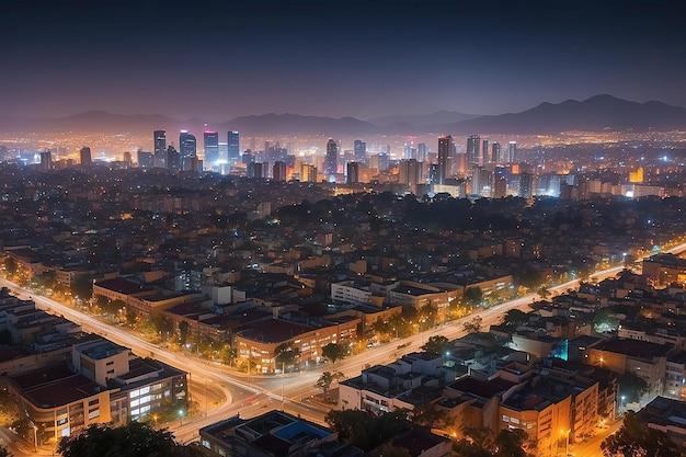 O horizonte do centro da Cidade do México à noite com bairros suburbanos brilhantemente iluminados ao fundo