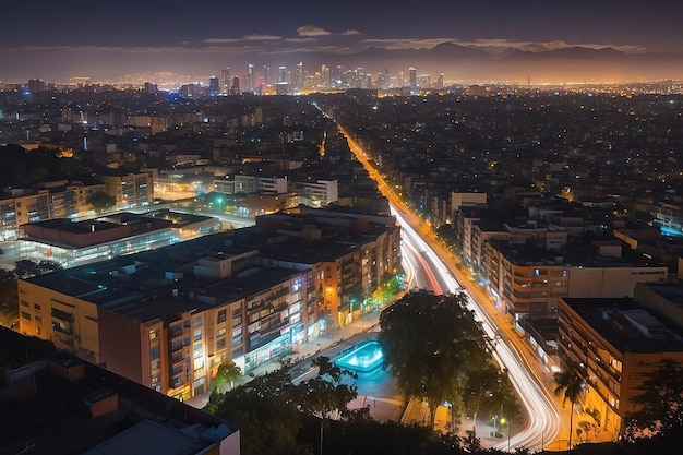 O horizonte do centro da Cidade do México à noite com bairros suburbanos brilhantemente iluminados ao fundo