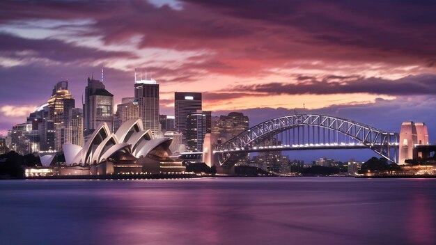 O horizonte do centro de Sydney, na Austrália, ao anoitecer