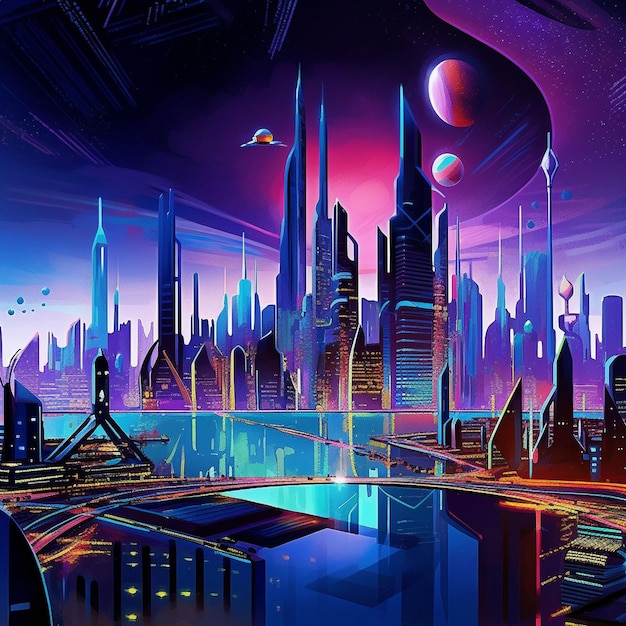 O horizonte futurista brilha na noite escura de Dubai gerada pela IA