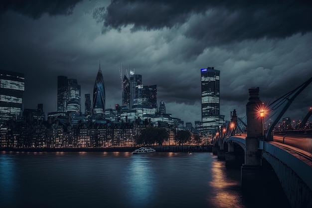 O horizonte noturno de Londres Reino Unido com nuvens sombrias e uma tempestade que se aproxima