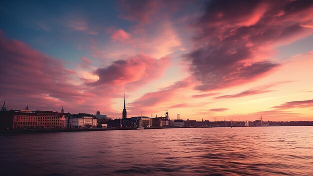 Foto o horizonte se apagando capturando o tranquilo pôr-do-sol sobre hamburgo