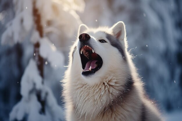 O husky de êxtase na neve está com a boca aberta a divertir-se no inverno.