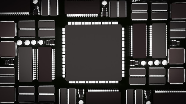 Foto o ic e pcb board para tecnologia ou conceito de renderização 3d