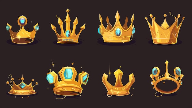 O ícone da coroa dourada para ser usado no jogo UI nível de design de classificação Esta é uma ilustração moderna de desenho animado dos diferentes estados e etapas de progresso da coroa de ouro quebrado sujo simples amarelo