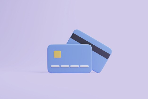 O ícone de dois cartões de crédito flutua no fundo violeta pastel Negócios e conceito de pagamento on-line 3D
