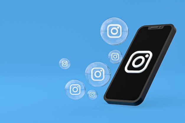 O ícone do Instagram na tela do smartphone ou as reações do celular e do instagram adoram renderização em 3D no fundo azul