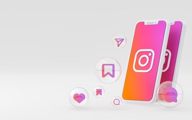 O ícone do Instagram na tela do smartphone ou as reações do celular e do instagram adoram renderização em 3D