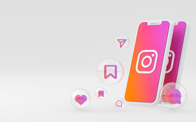 O ícone do Instagram na tela do smartphone ou as reações do celular e do Instagram adoram renderização em 3D