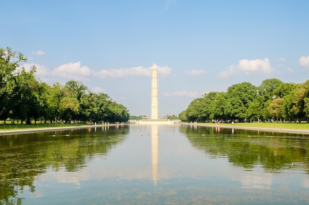 O icônico Monumento de Washington espelhado na Piscina Refletora Washington DC EUA