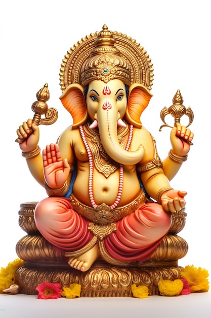 O ídolo radiante de Ganesha, o deus hindu, sobre um fundo branco puro