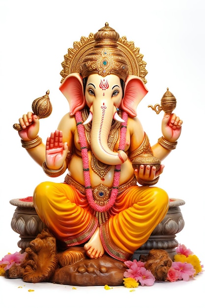O ídolo radiante de Ganesha, o deus hindu, sobre um fundo branco puro
