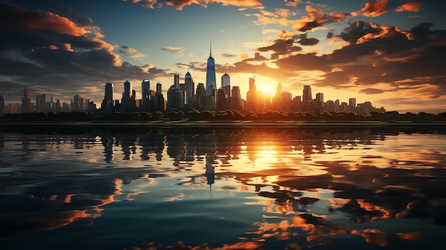 O imponente horizonte da cidade no estilo de reflexo de lente