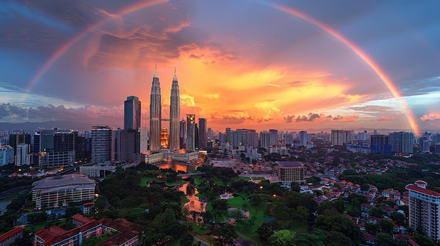 O impressionante horizonte de Kuala Lumpur ao pôr-do-sol com arco-íris e cores vibrantes