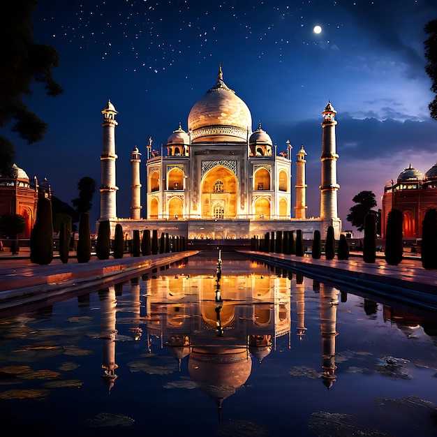 O impressionante Taj Mahal à noite