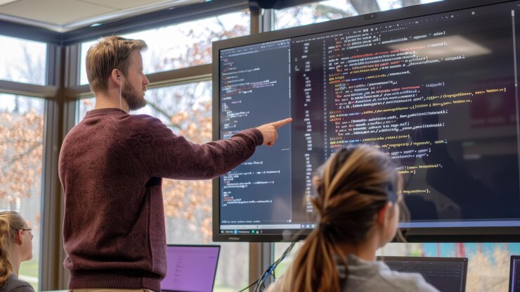 Foto o instrutor apontando para o código