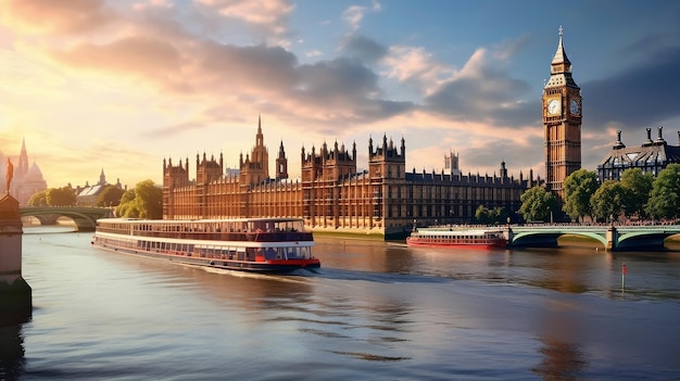 O intemporal Big Ben de Londres e as Casas do Parlamento em meio à atividade de Riverside Ai