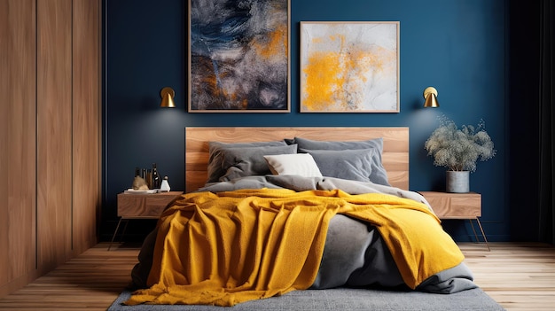 O interior aconchegante do quarto é amarelo com paredes azuis Quarto de dormir em estilo escandinavo IA generativa