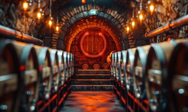 O interior da antiga adega de vinho com barris