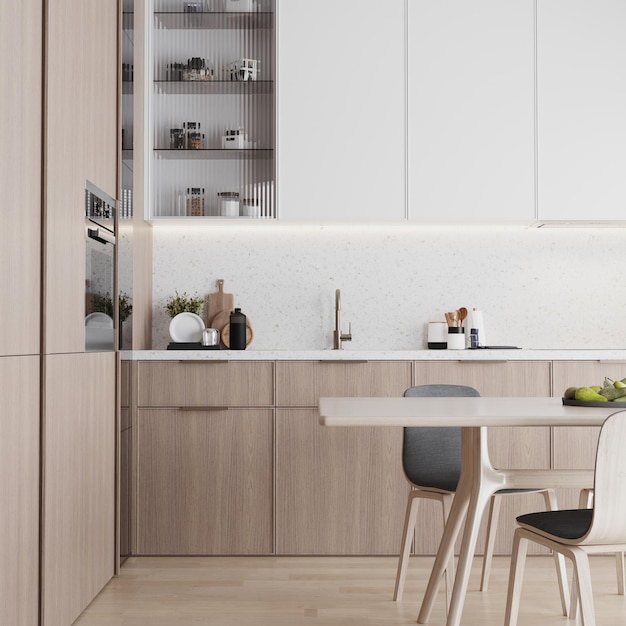 O interior da cozinha moderna leve simula renderização 3d