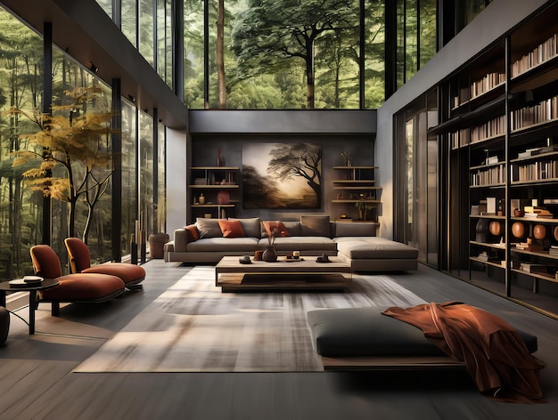 O interior da sala de estar em uma casa localizada na floresta madeira textura cores escuras