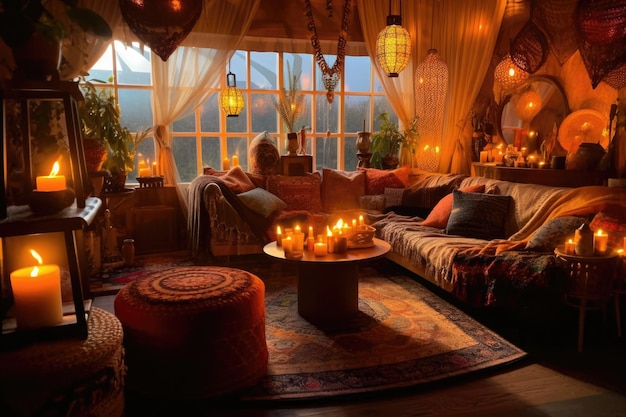 O interior da sala estilo boho é iluminado por uma fileira de velas espalhadas no chão em frente a uma janela e uma luminária preta ao lado de um sofá