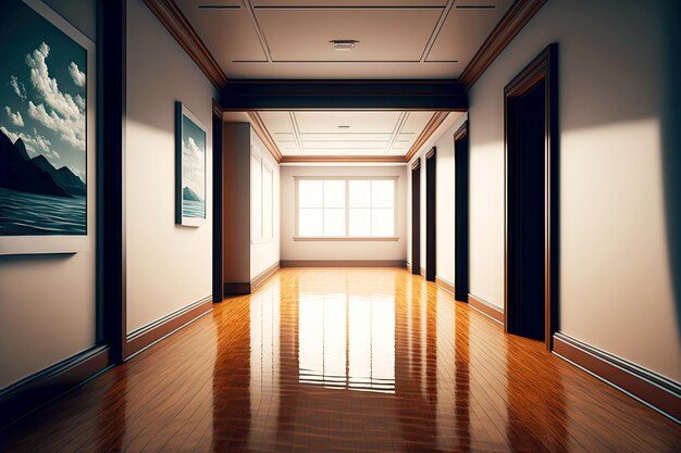 Foto o interior da sala vazia de um dos escritórios é feito com guarnição de madeira no córrego e no chão