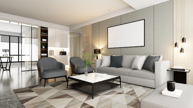 O interior de luxo moderno da sala de estar é brilhante e limpo ilustração 3D