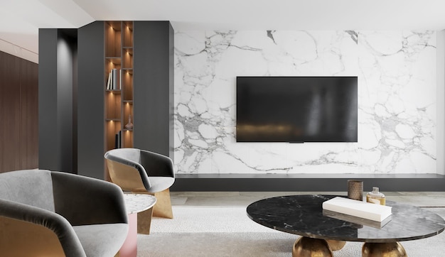 O interior de luxo moderno da sala de estar é claro e limpo. ilustração 3D
