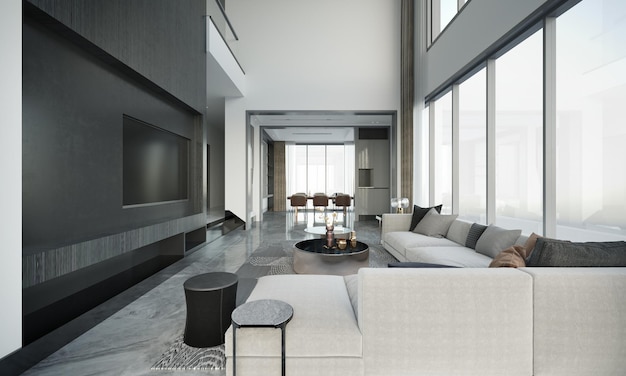 O interior de luxo moderno da sala de estar é uma ilustração 3D brilhante e limpa