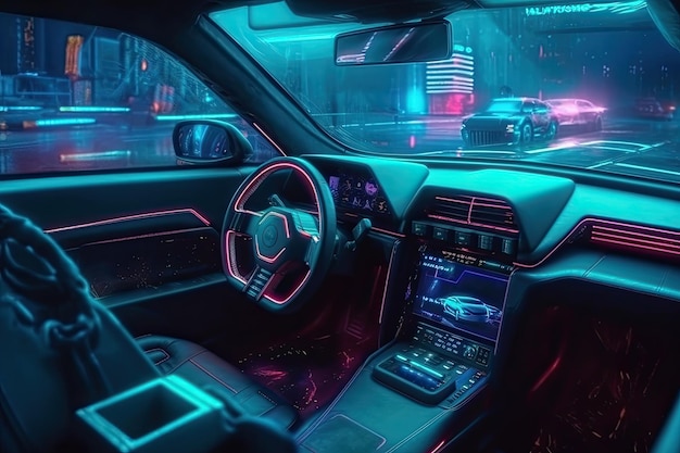 O interior de um carro moderno em estilo cyberpunk Generative AI