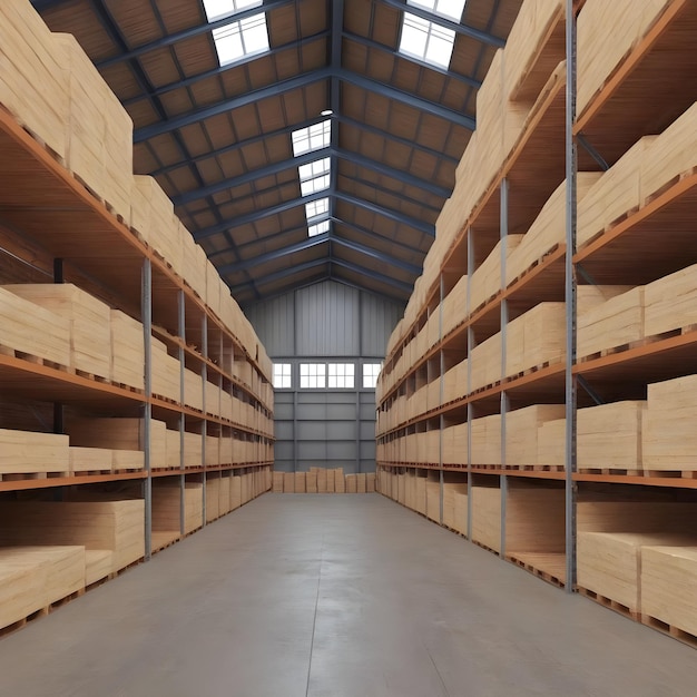 O interior de um espaçoso armazém cheio de paletes de madeira à luz do dia