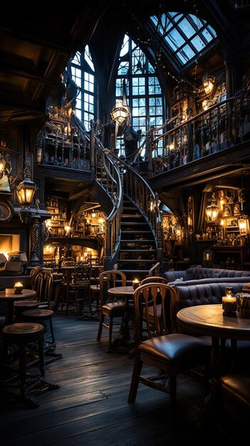 o interior de um restaurante com uma escada e um lustre