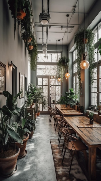 O interior de um restaurante com uma grande janela e plantas nas paredes.