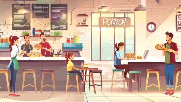 O interior de um restaurante de pizza ou café com trabalhadores e clientes Ilustração moderna de desenho animado de um interior de cafeteria de fast food com mesas e balcão um operador masculino e feminino uma mulher com