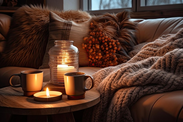O interior de uma casa de inverno é adornado com uma atmosfera calorosa e convidativa, com uma vela aconchegante