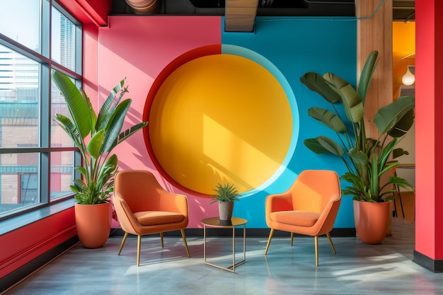 O interior de uma elegante área de recreação corporativa Design de escritório moderno e multicolorido